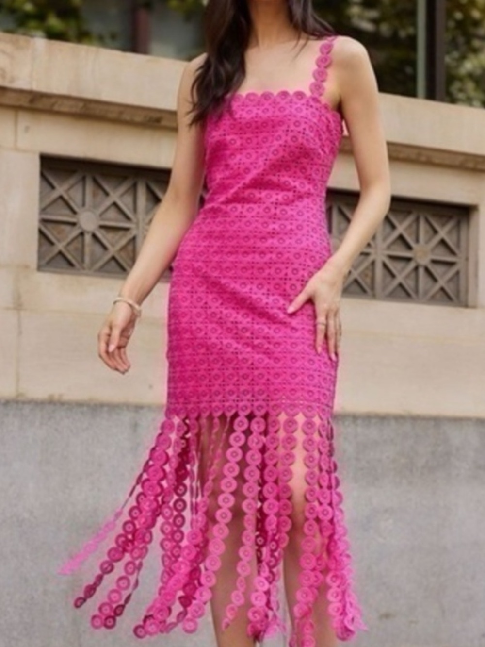 Just Me Hot Pink Crochet Fringe Midi Dress